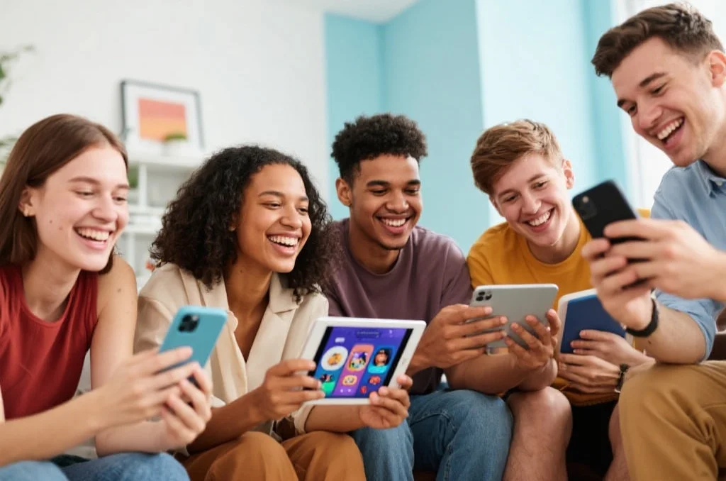 一群朋友正在使用风暴娱乐App享受数字娱乐