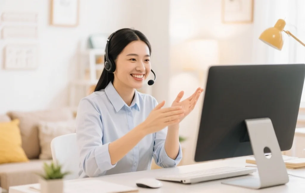 温馨的在线客服场景，一位客服人员微笑为新用户解答疑问，画面明亮舒适