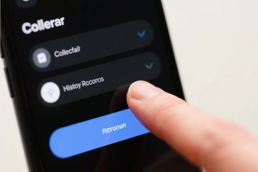 手机屏幕界面展示收藏夹与历史记录按钮，用户手指正点击收藏按钮，界面简洁清晰