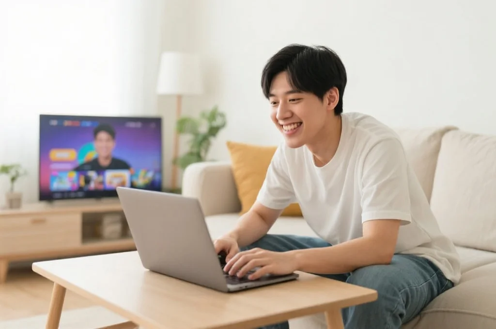 亚洲年轻用户在明亮舒适的家中，通过笔记本电脑愉快地体验线上娱乐，面带微笑