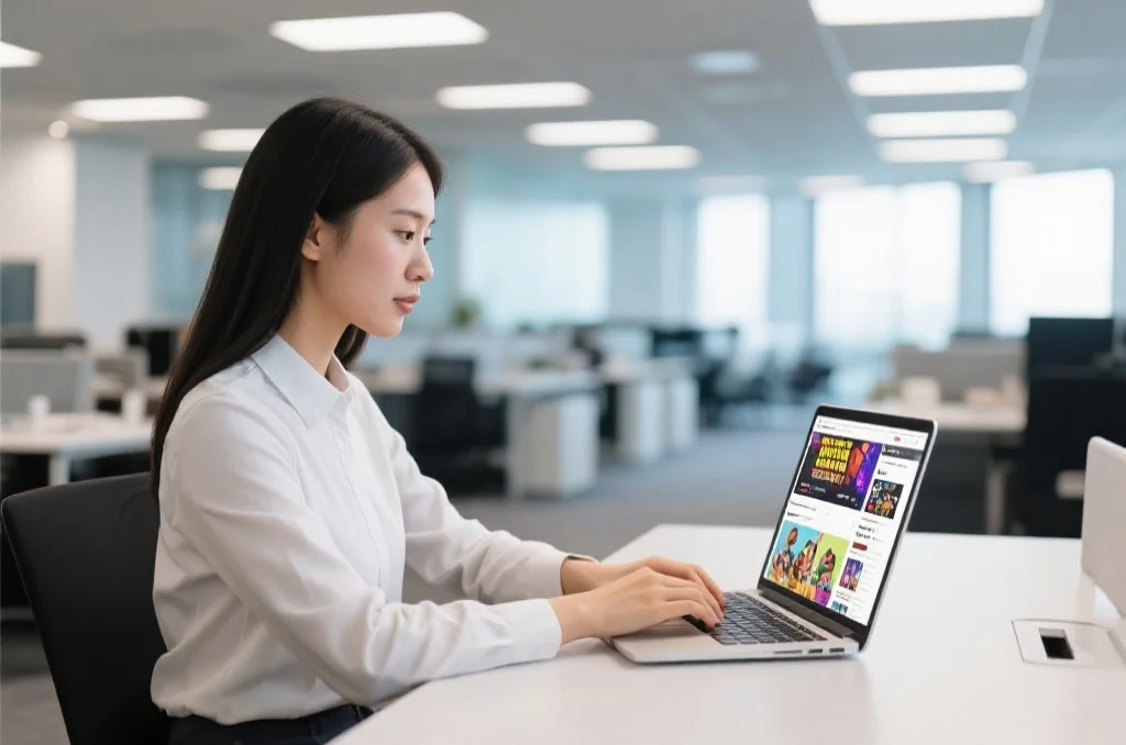 一位白领女性在办公室使用笔记本电脑浏览娱乐网页，背景为现代开放式办公空间
